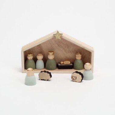 One Hundred 80 Degrees Flocked Nativity, St/9, Wood, Figures:1.25", Creche 5.75" x 3.25 RS0139