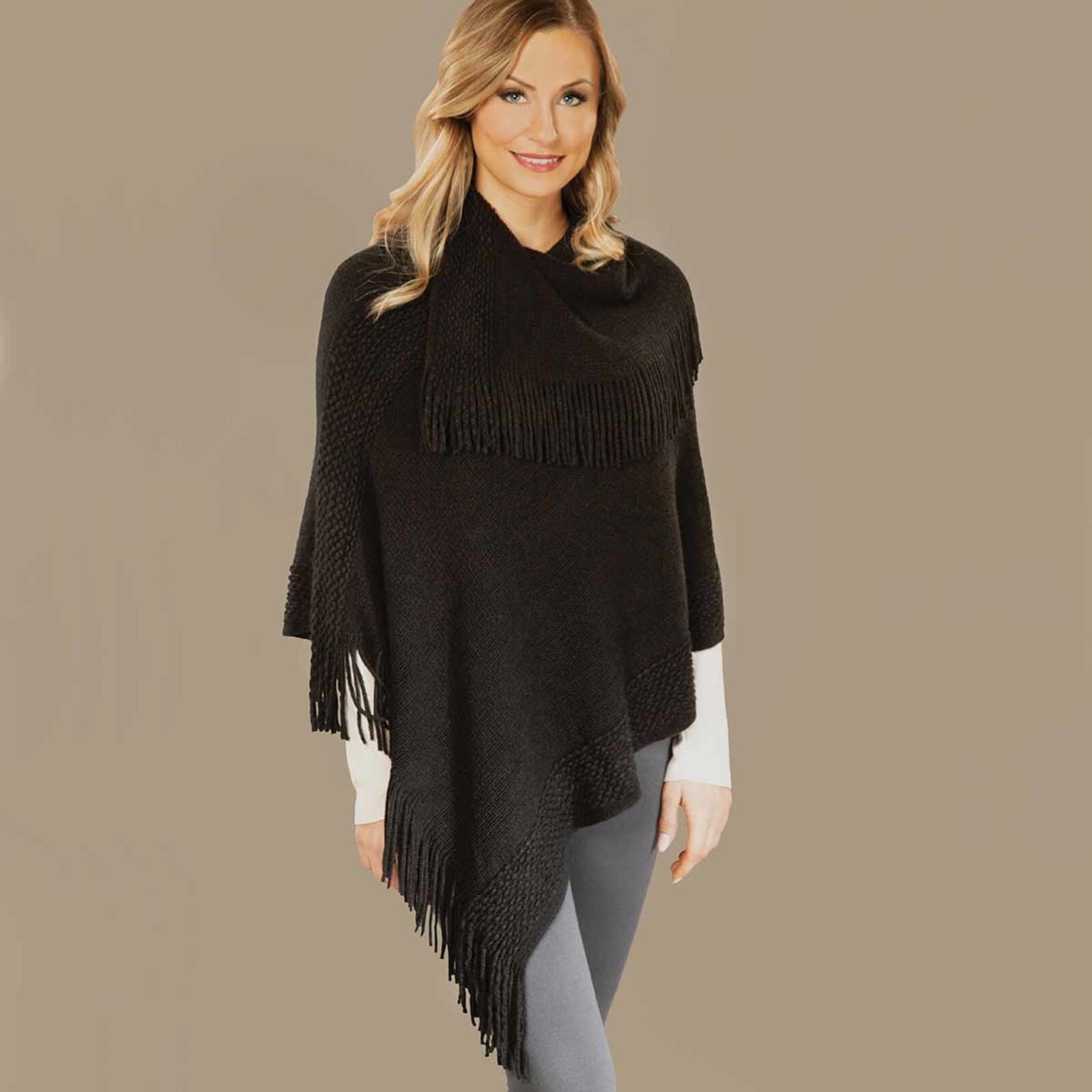 Trezo Black Knit Poncho with Collar and Fringe    S5976 loading=