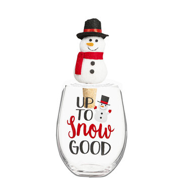 17 OZ Glass with Snowman Cork Wine Stopper Gift Set    P4213003