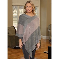 Trezo Grey and Pink Knit Poncho with Fringe 39"x36"  S6107