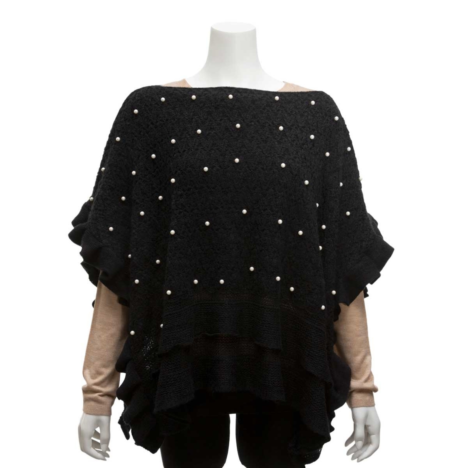 Trezo BLACK KNIT PONCHO WITH PEARLS 20"X40"  S6134 loading=