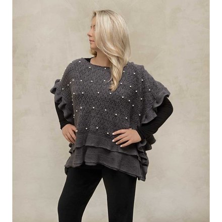 Trezo DARK GREY KNIT PONCHO WITH PEARLS 20"X40"  S6133