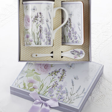 Delton Products 4.9" Porcelain Mug-Coaster-Spoon Set, Lavender    8125-7