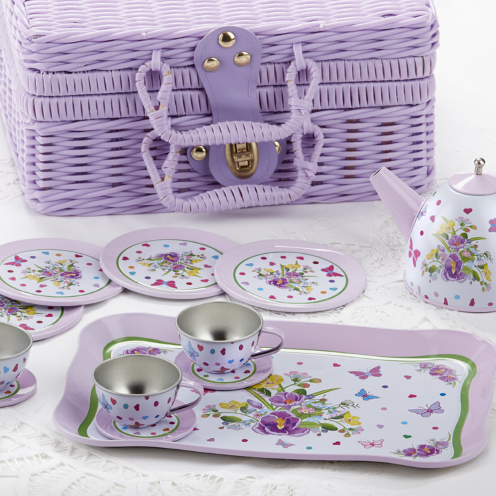 Delton Products 4" Tin 15 Pc Tea Set in Basket, Pansy  8000-7 loading=