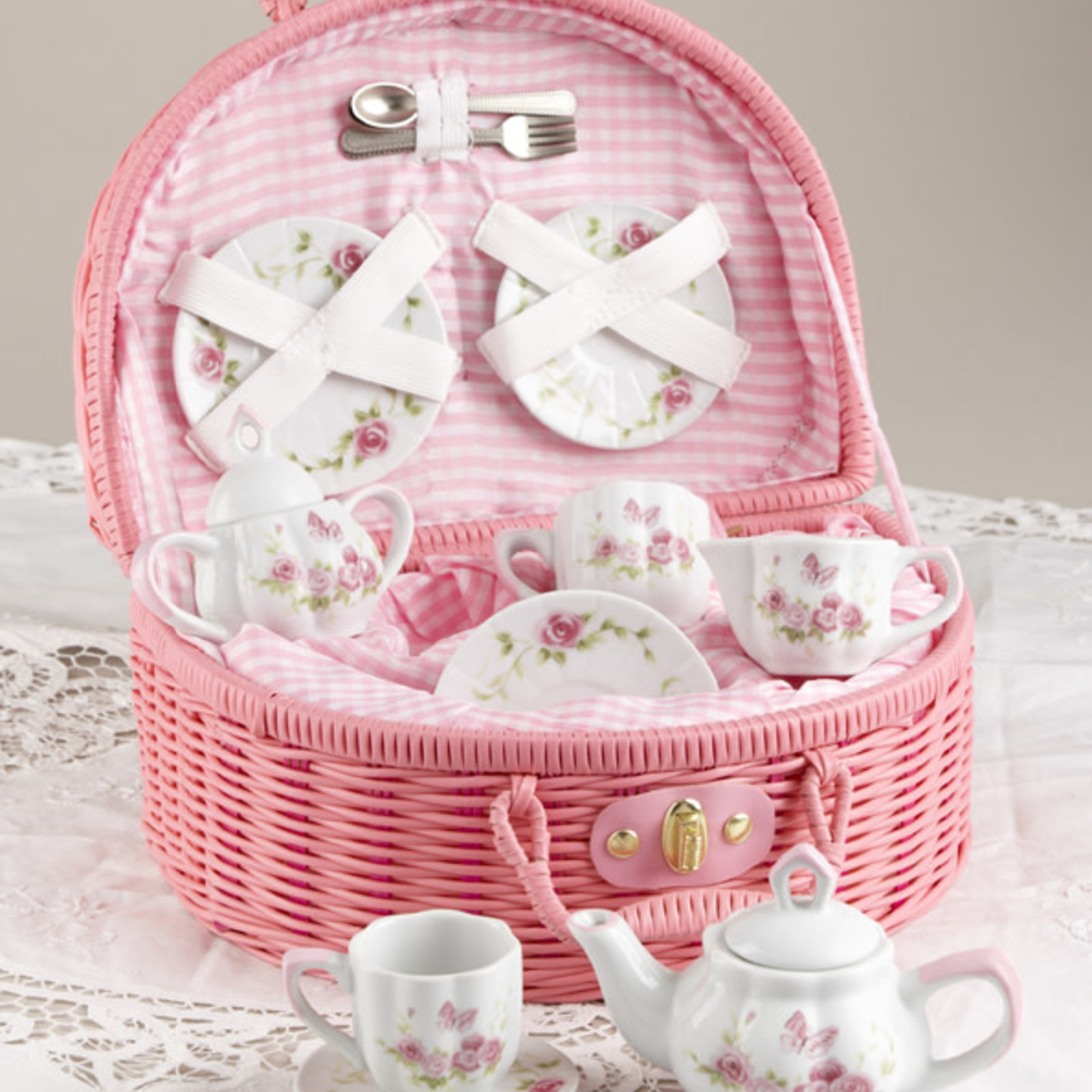 Delton Products Porcelain Tea Set in Basket, Pink Blush  8090-6 loading=