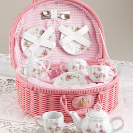 Delton Products Porcelain Tea Set in Basket, Pink Blush  8090-6