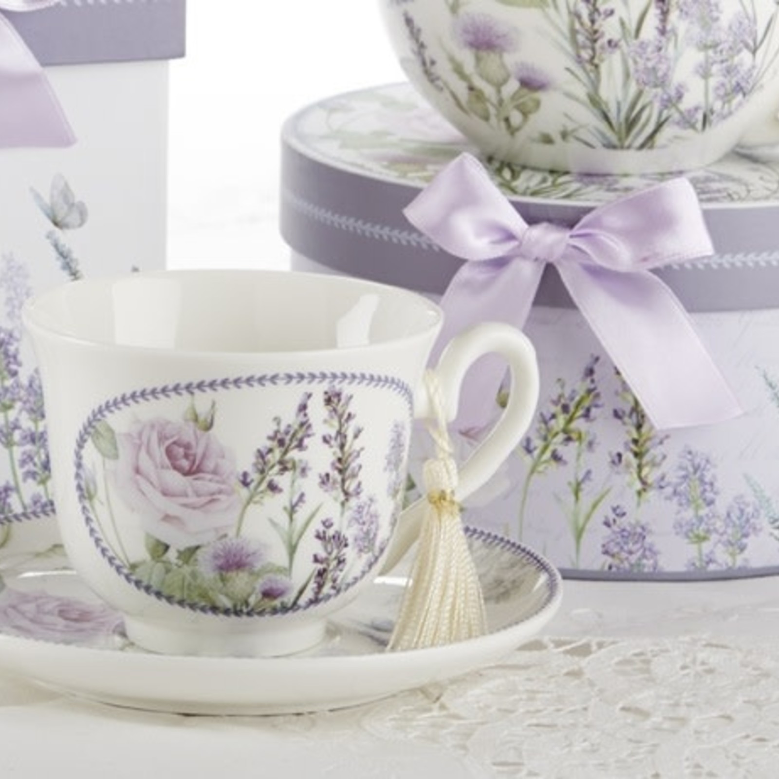 Delton Products 3.5" Porcelain Cup/Saucer In Gift Box, Lavender  8101-7 loading=