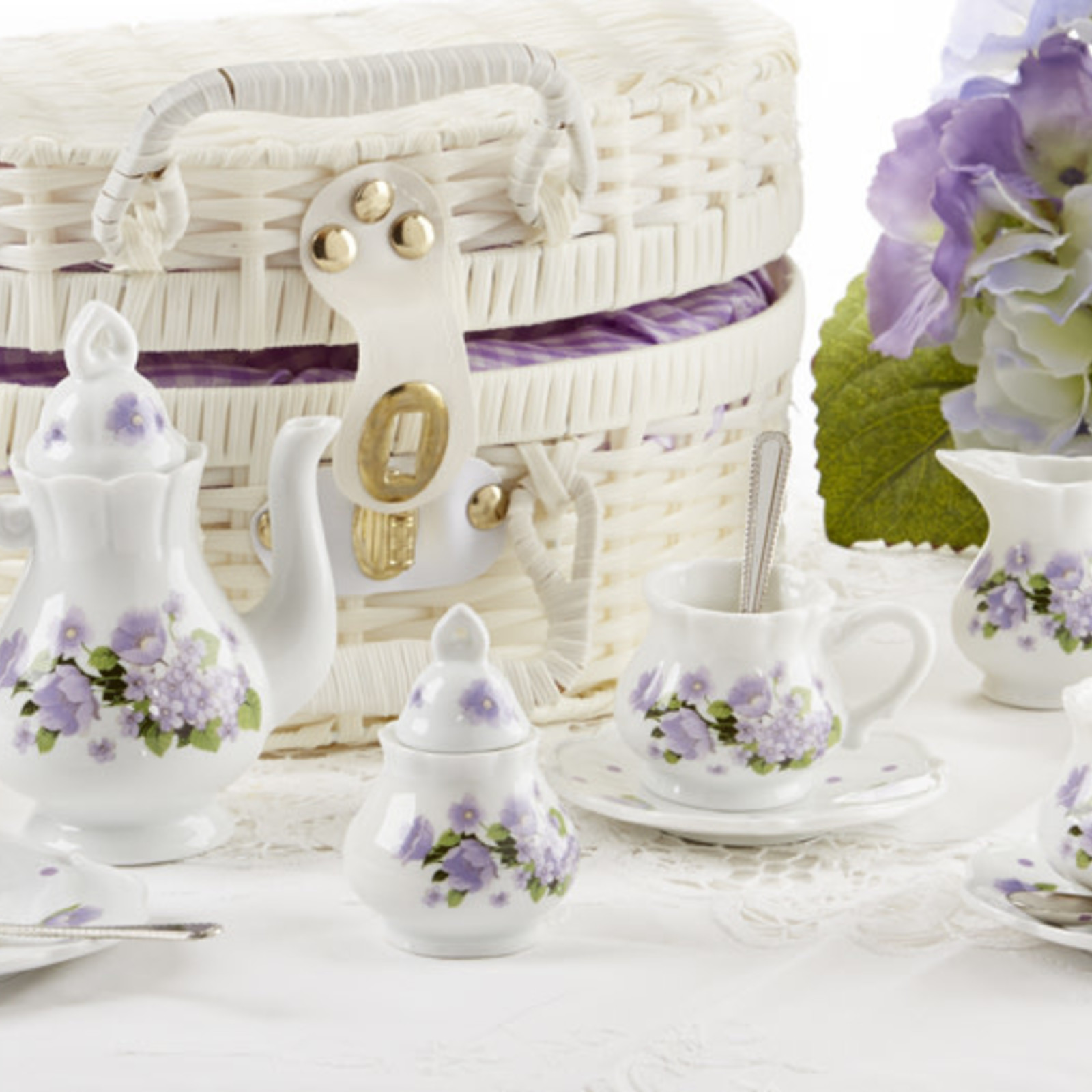 Delton Products Porcelain Tea Set in Basket, Purple Glory  8116-7 loading=