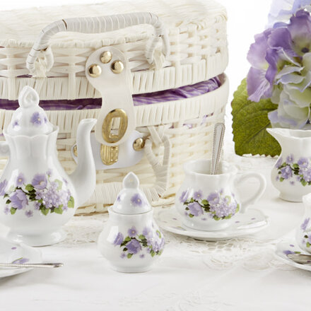 Delton Products Porcelain Tea Set in Basket, Purple Glory  8116-7