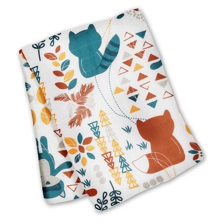 lulujo Leika Cotton Swaddle – Fox & Raccoon – 47×47″  LM100