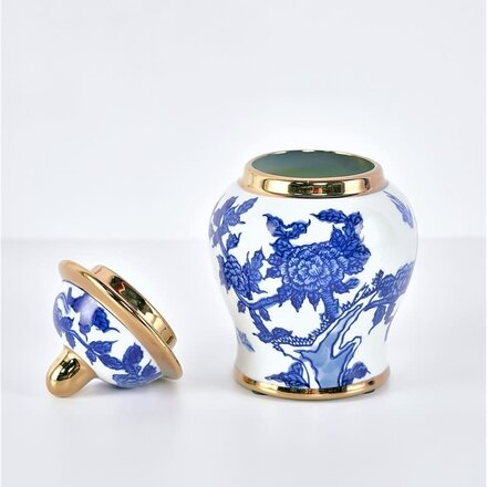 Trade Cie 6" Ceramic Blue White Ginger Jar, Gold Trim   HD6120
