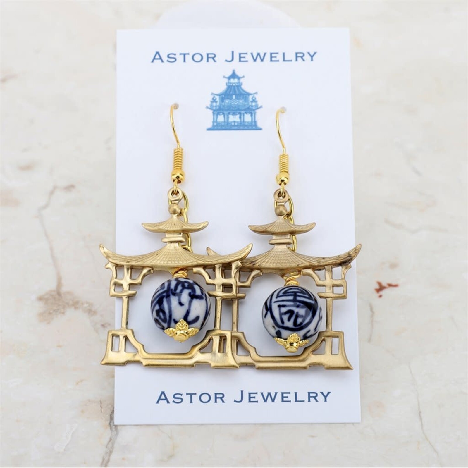 Astor Jewelry Brass Pagoda Earrings  Blue & White Bead  Made in U.S.A   24075 loading=