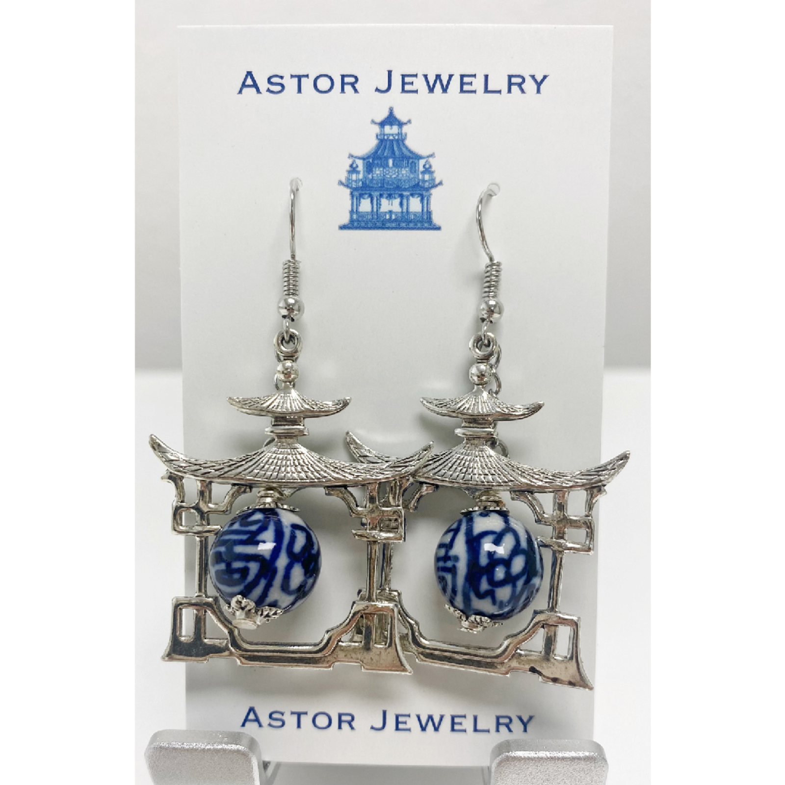 Astor Jewelry Silver Pagoda Blue And White Bead Earrings. USA Made 24351 loading=