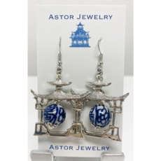 Astor Jewelry Silver Pagoda Blue And White Bead Earrings. USA Made 24351