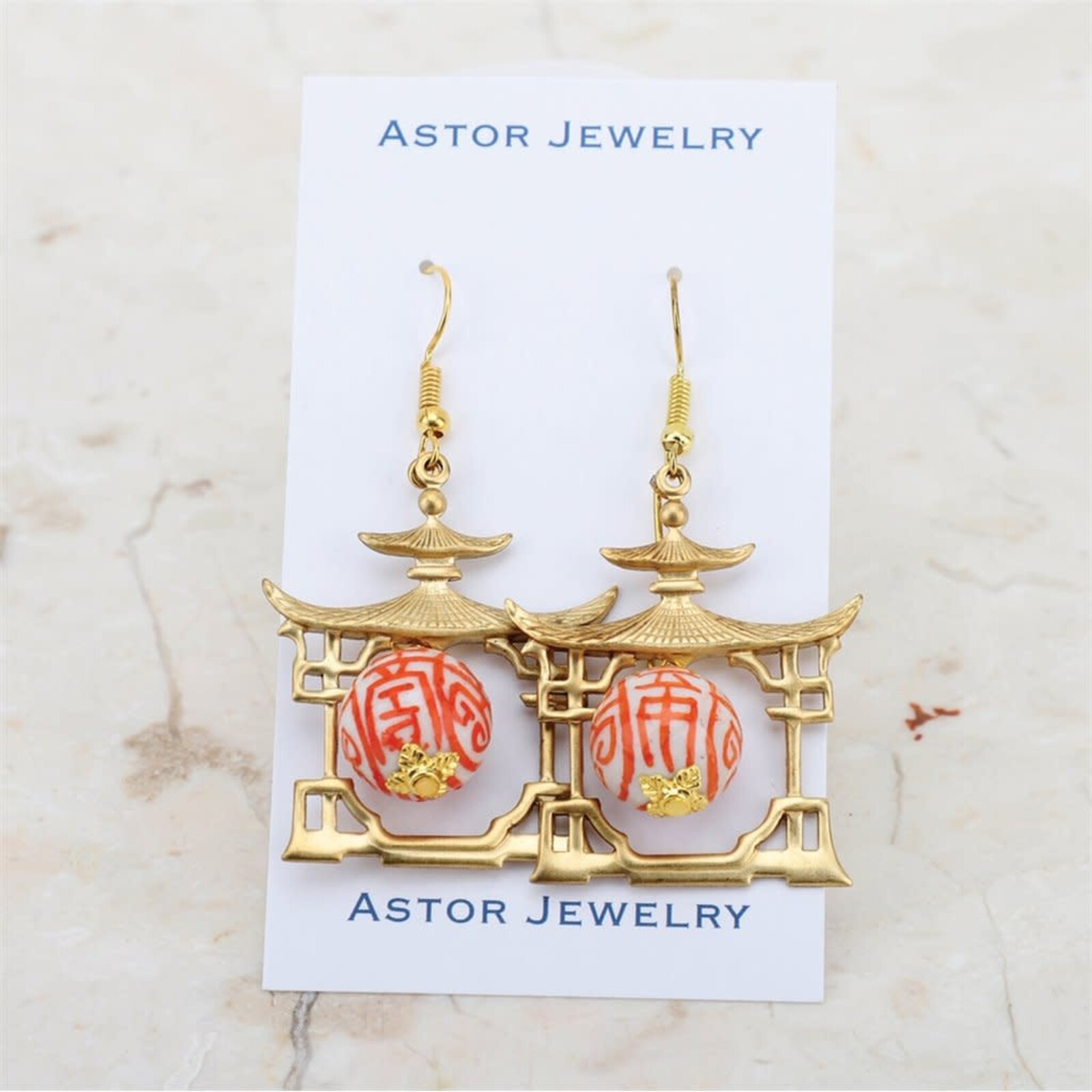 Astor Jewelry Brass Pagoda Earrings With Happy Orange Bead  Made in U.S.A 24094 loading=
