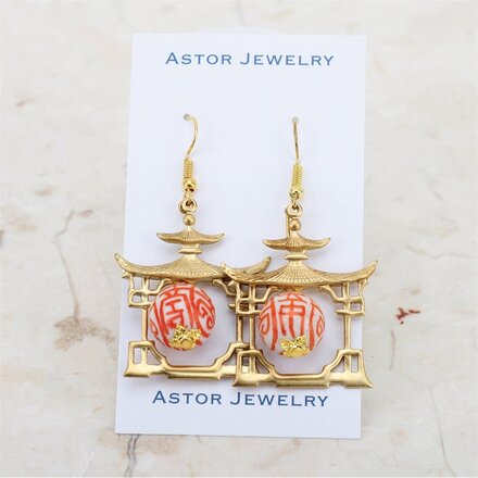 Astor Jewelry Brass Pagoda Earrings With Happy Orange Bead  Made in U.S.A 24094