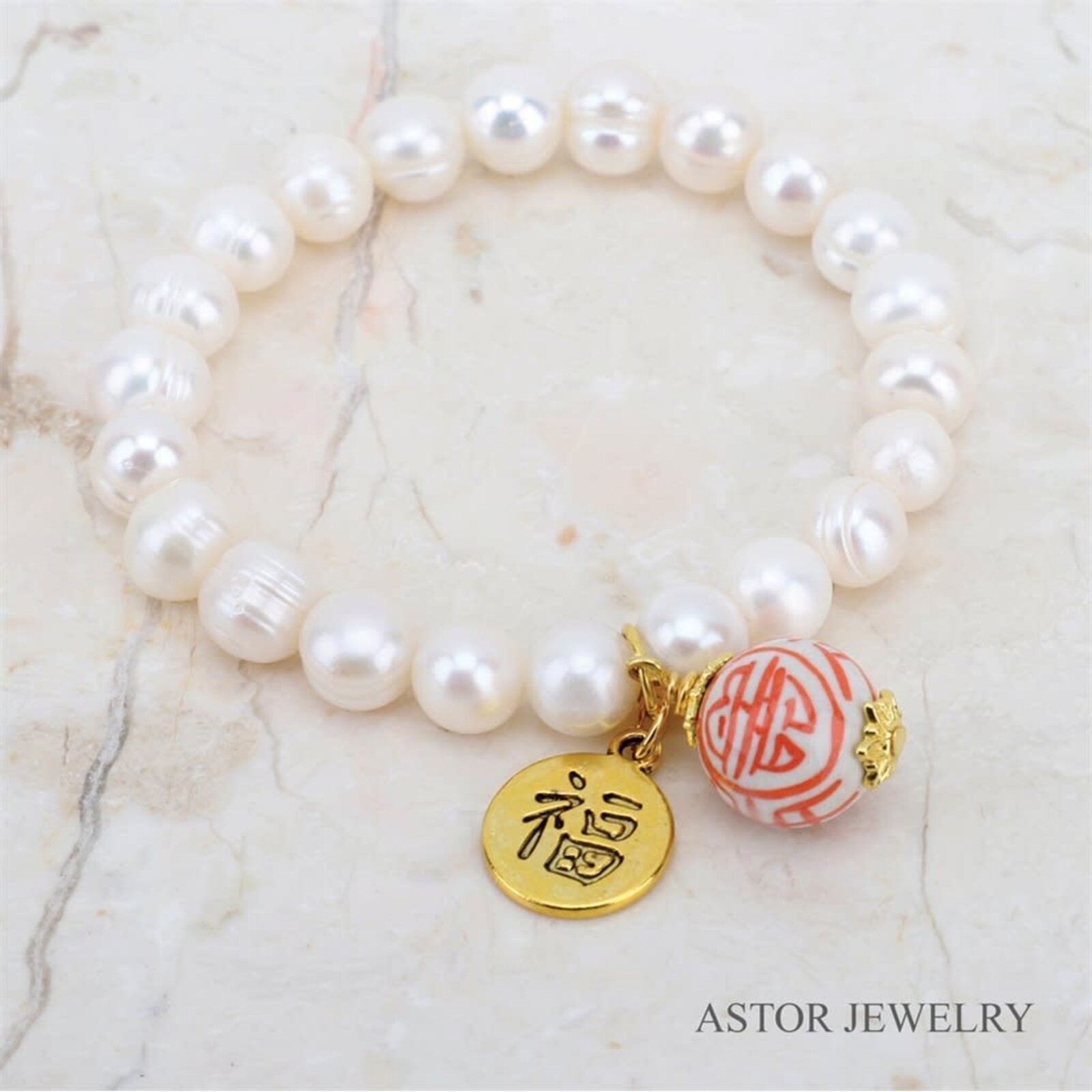 Astor Jewelry Fresh Water Pearl  Bracelet  Orange Porcelain  Bead    24262 loading=