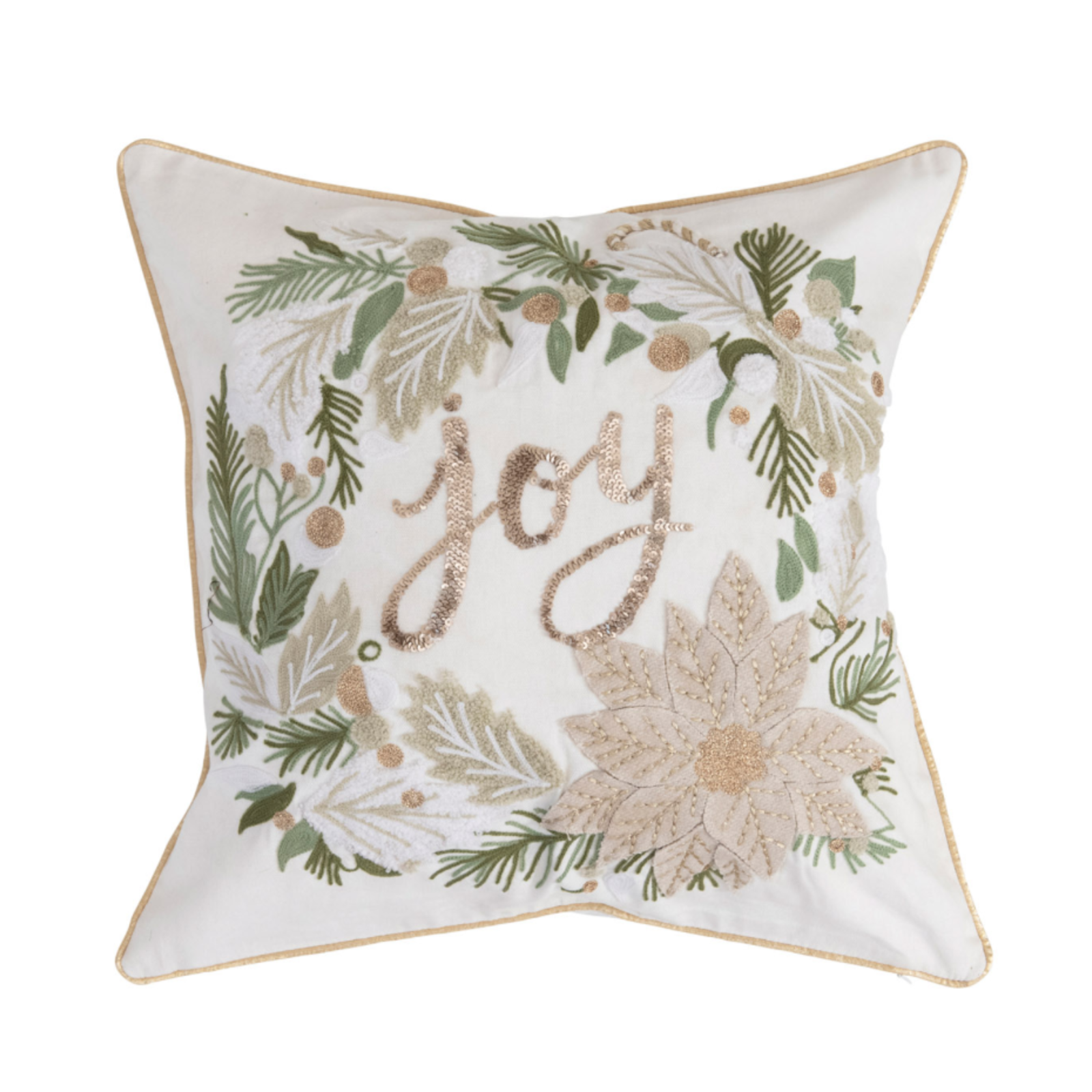 Creative Co-Op 18" Square Cotton Pillow with Wreath & Joy Embroidery    XS0002 loading=