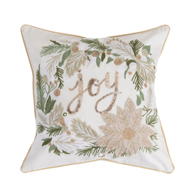 Creative Co-Op 18" Square Cotton Pillow with Wreath & Joy Embroidery    XS0002