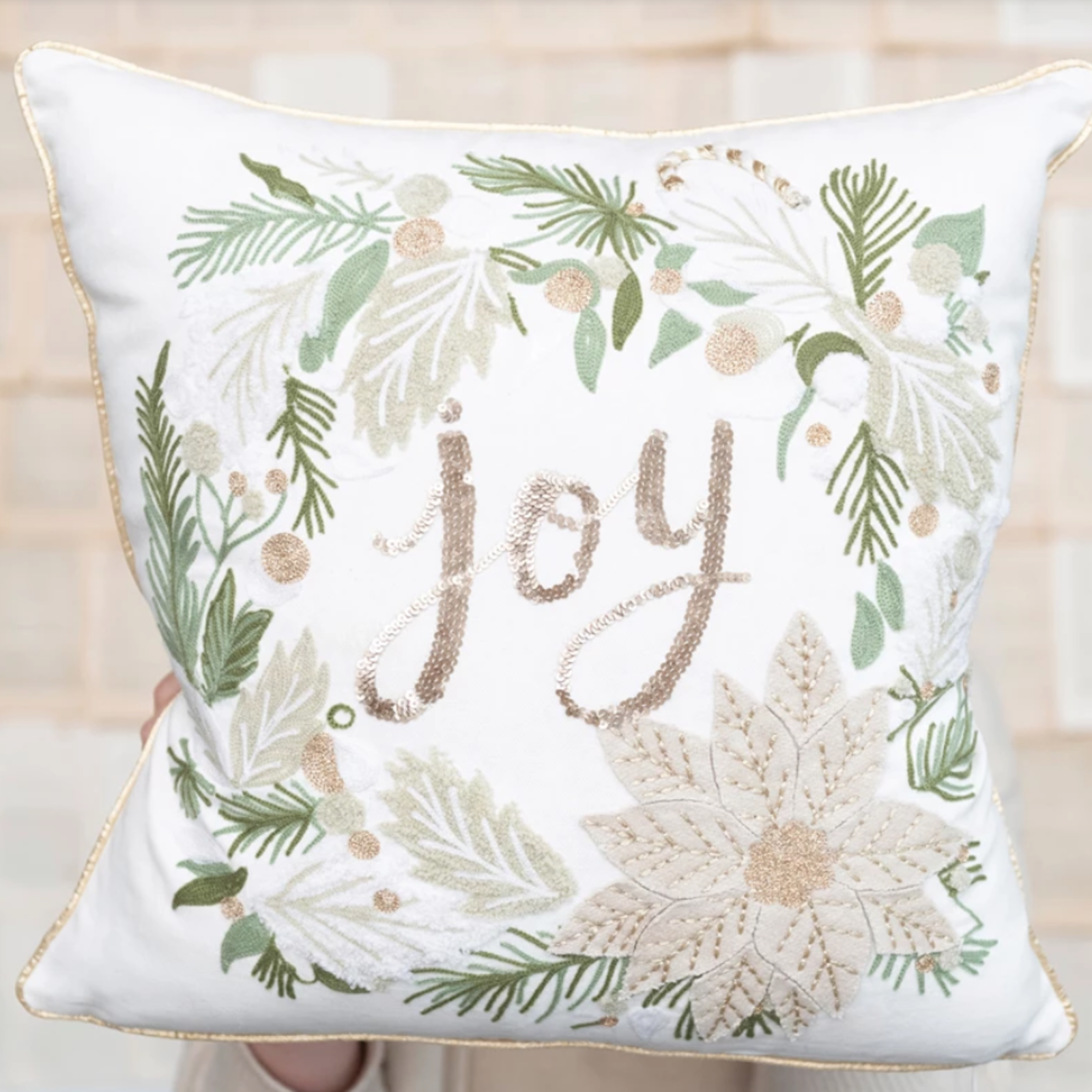 Creative Co-Op 18" Square Cotton Pillow with Wreath & Joy Embroidery    XS0002 loading=