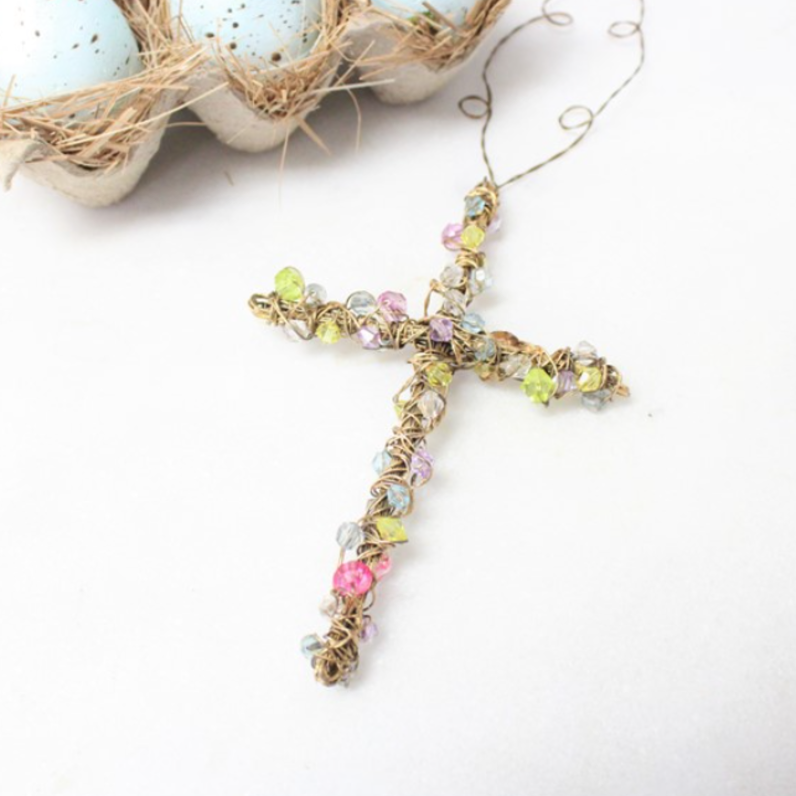 Trade Cie 6x4" Gold Wire Cross with Multicolor Beads JM92016 loading=