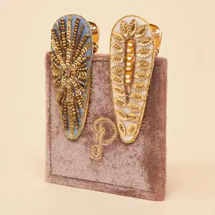 Powder Jewelled Hair Clips (Set of 2) - Wheatgrass & Starburst   JEW36