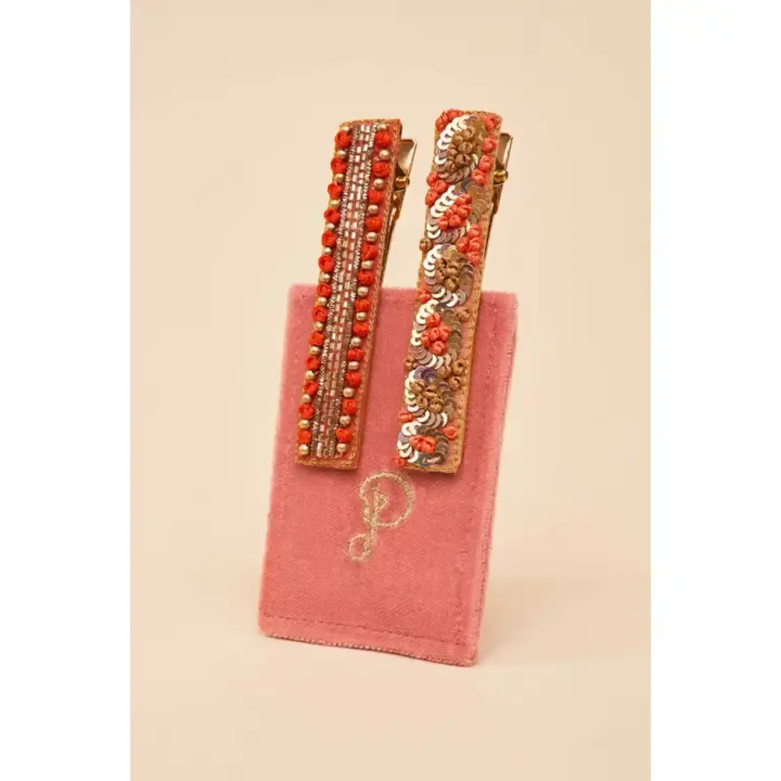 Powder Narrow Jewelled Hair Bar (Set of 2) - Coral Ovals & Beads  BAR11 loading=