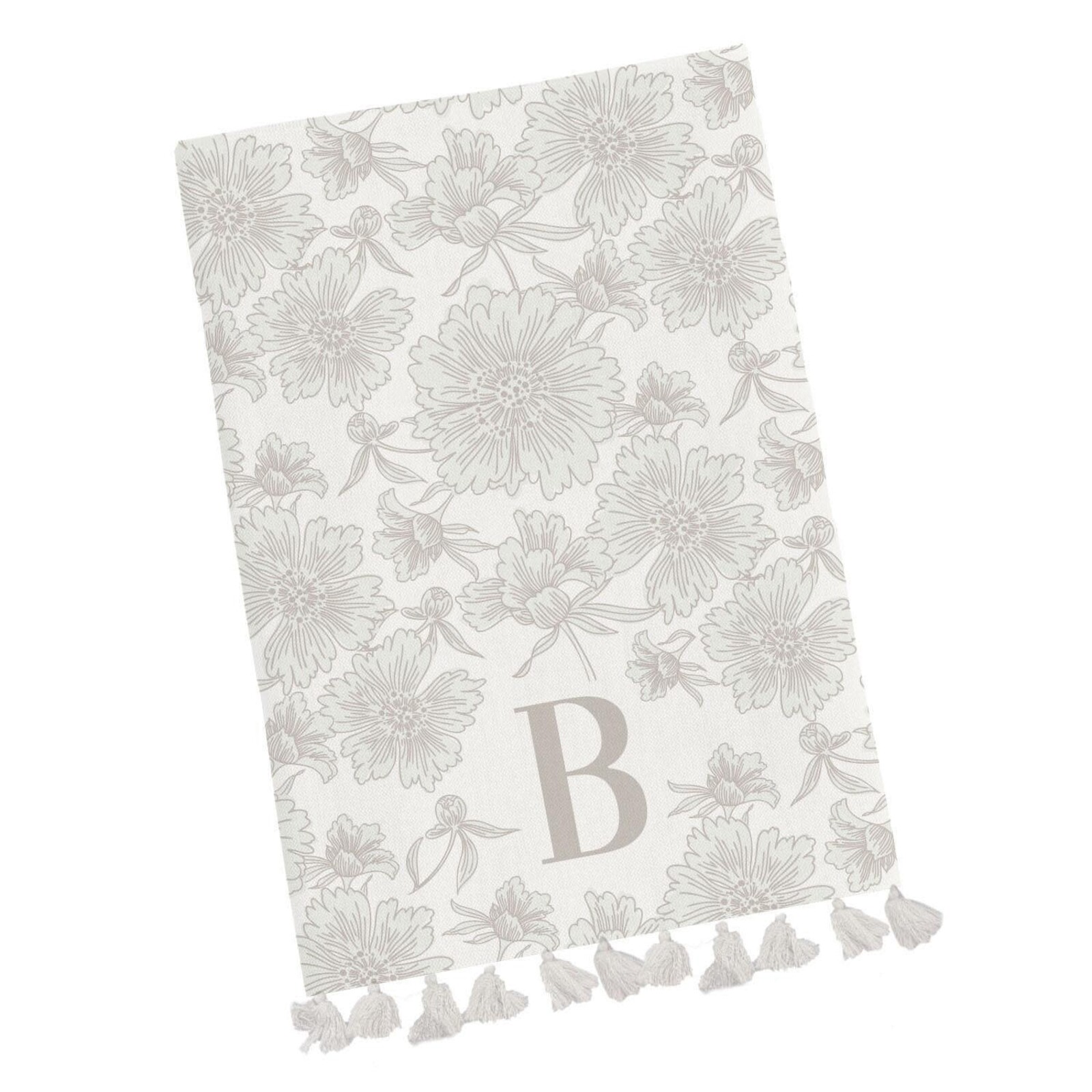 Mary Square Initial Floral Tea Towel with Tassels loading=