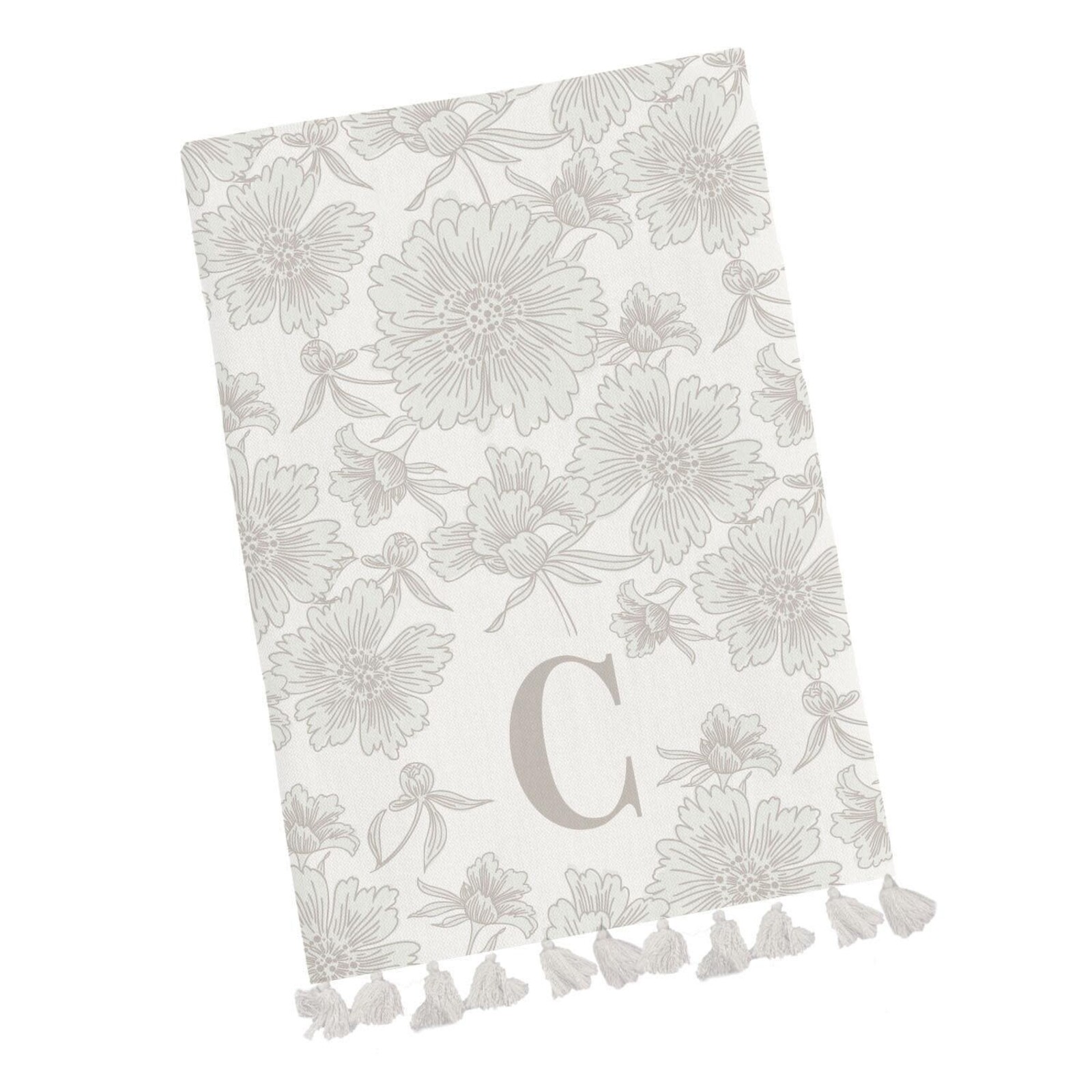 Mary Square Initial Floral Tea Towel with Tassels loading=