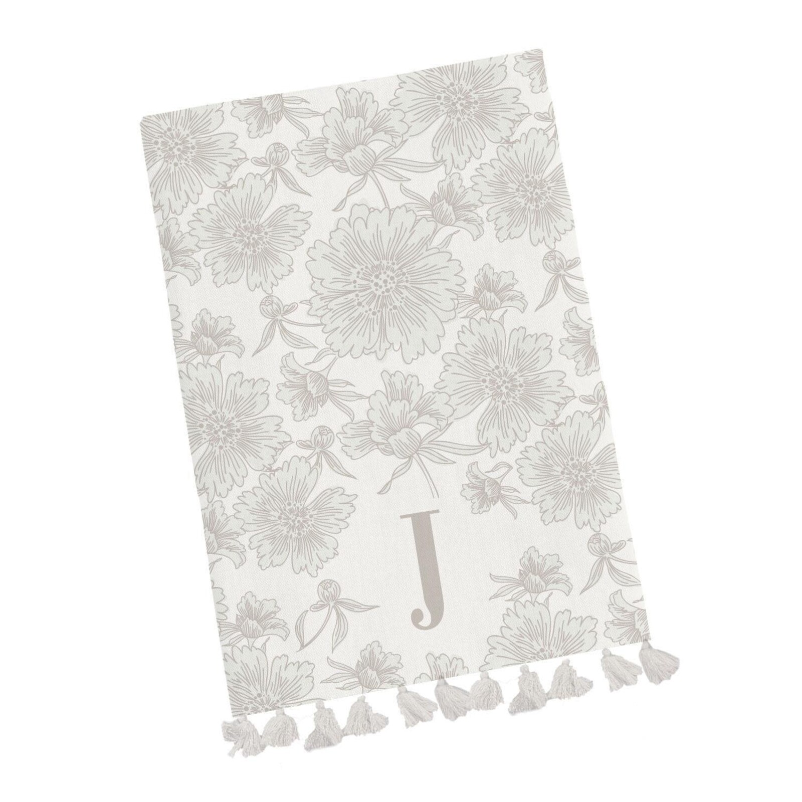 Mary Square Initial Floral Tea Towel with Tassels loading=