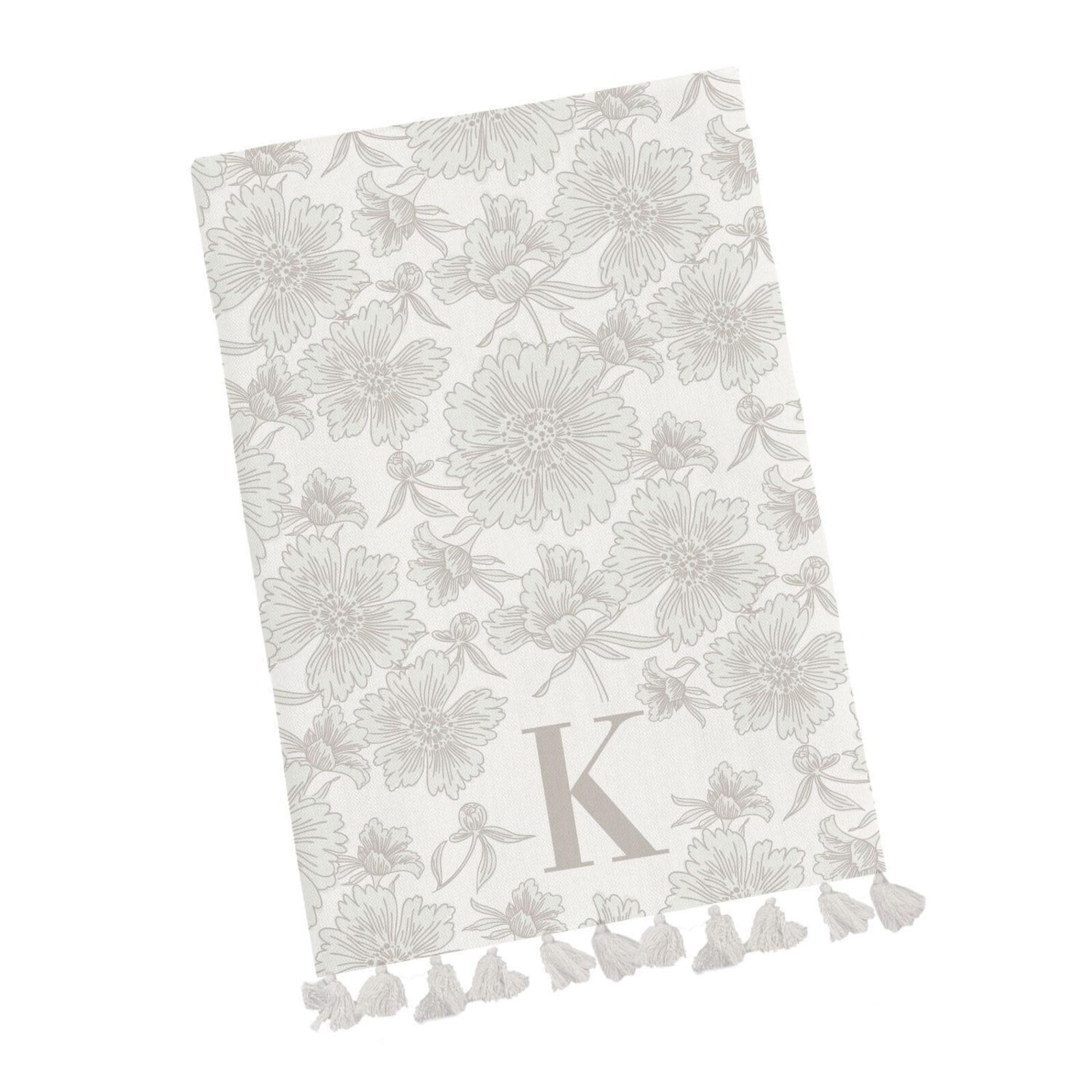 Mary Square Initial Floral Tea Towel with Tassels loading=