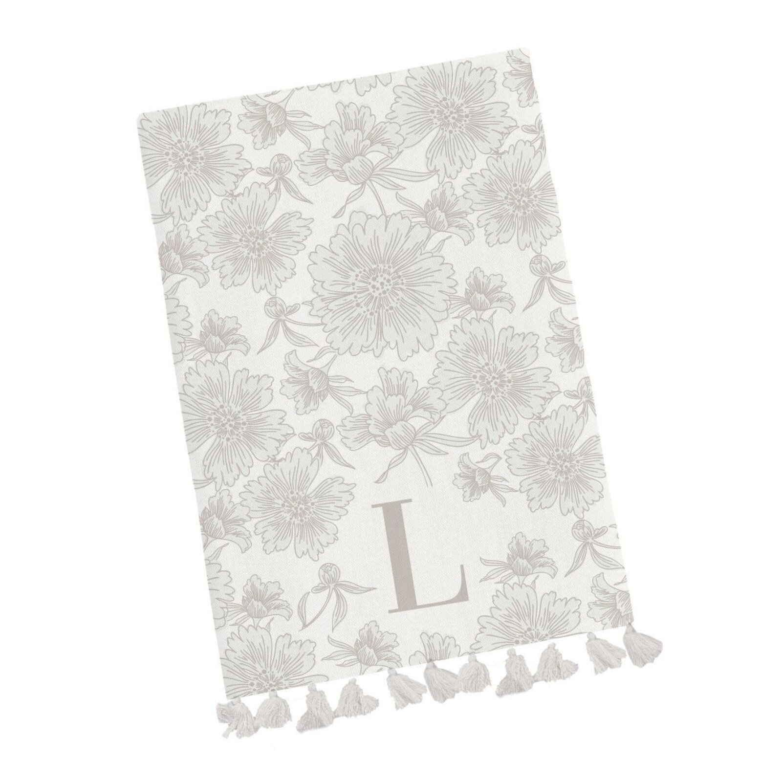 Mary Square Initial Floral Tea Towel with Tassels loading=