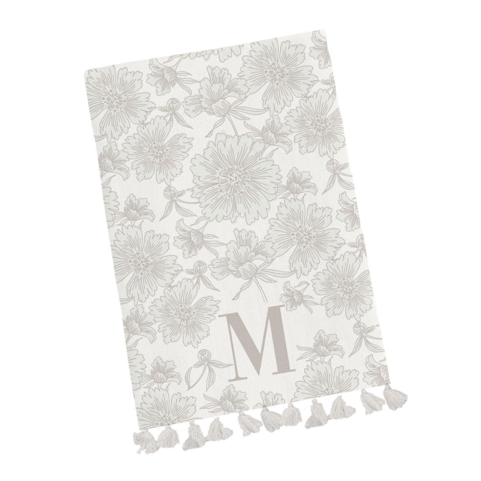 Mary Square Initial Floral Tea Towel with Tassels loading=