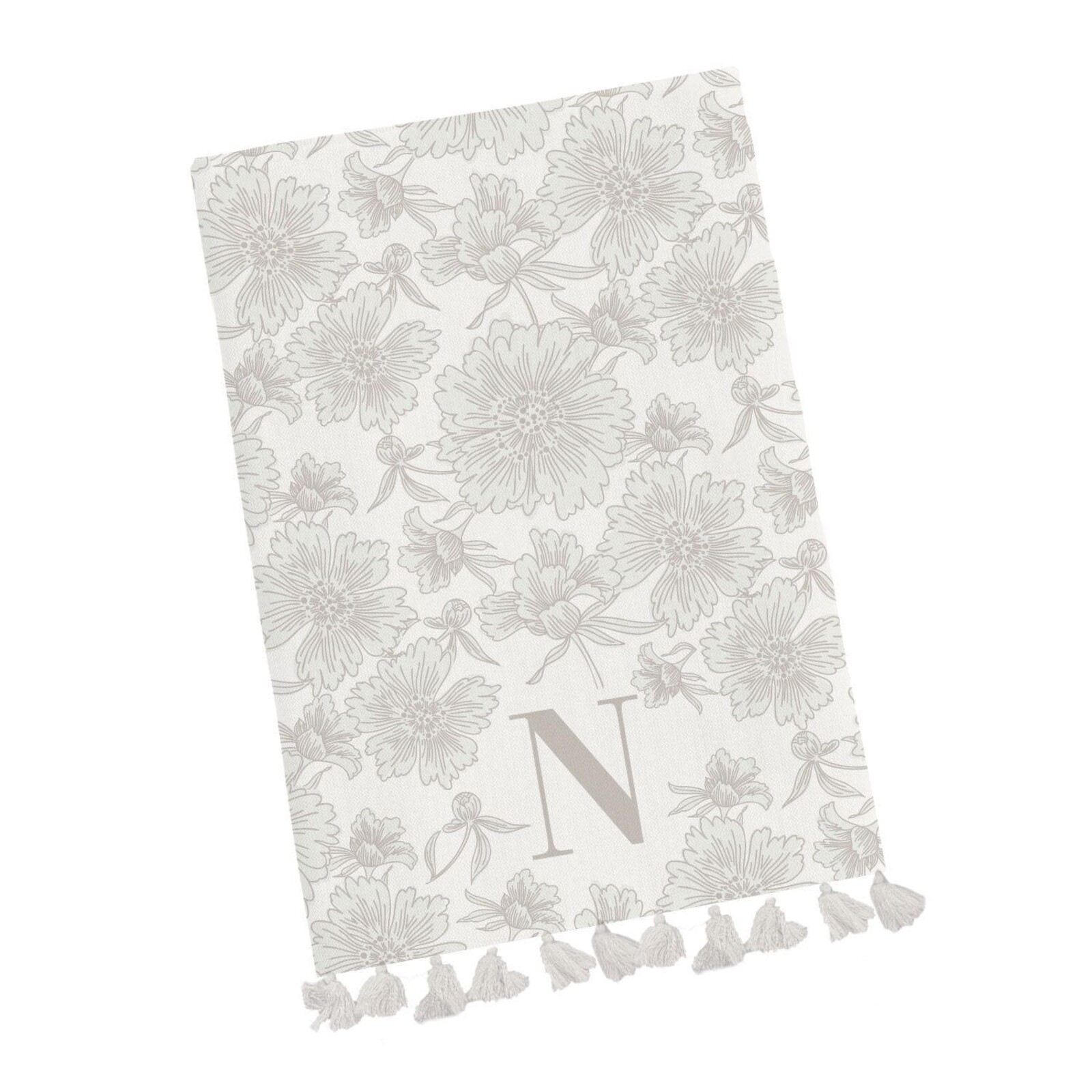 Mary Square Initial Floral Tea Towel with Tassels loading=