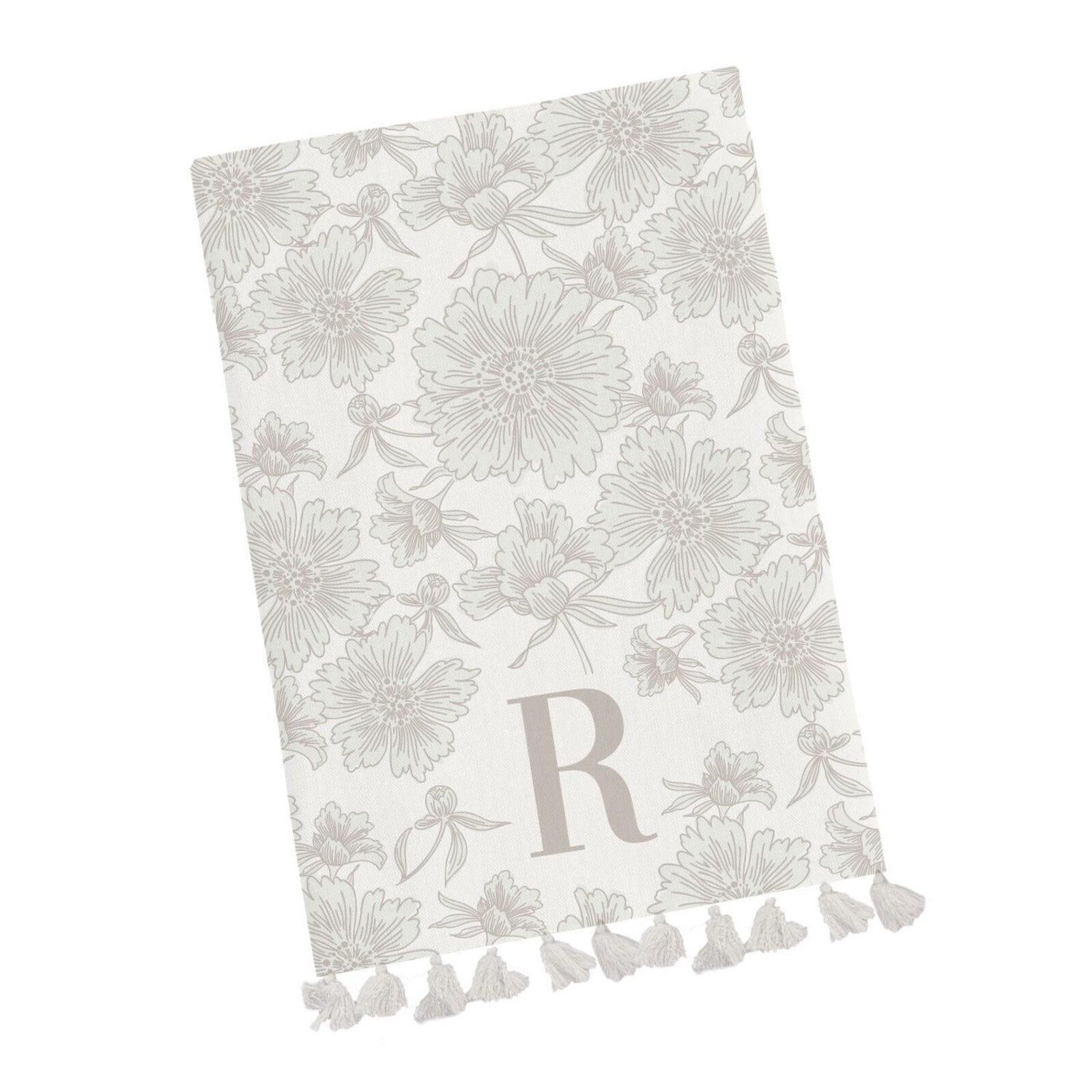 Mary Square Initial Floral Tea Towel with Tassels loading=