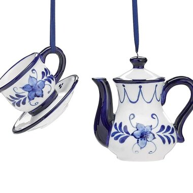 Burton + Burton BLUE/WHITE FLORAL TEAPOT/CUP ORNAMENT   9748526