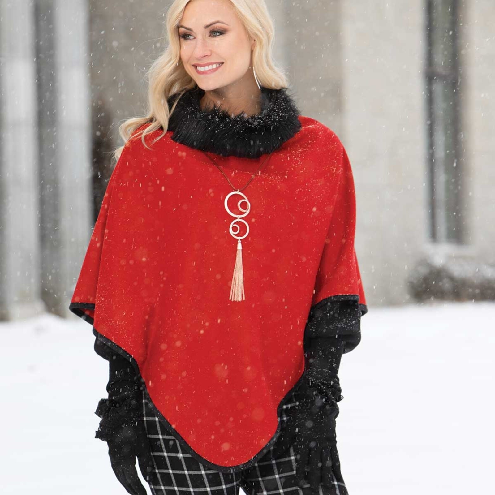 Meravic PONCHO WITH  Faux Fur COLLAR RED   S5821 loading=