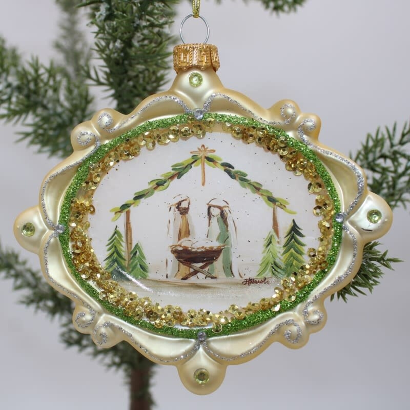 Trade Cie 4.5x4" Glass Evergreen Nativity Ornament   HBX1285 loading=