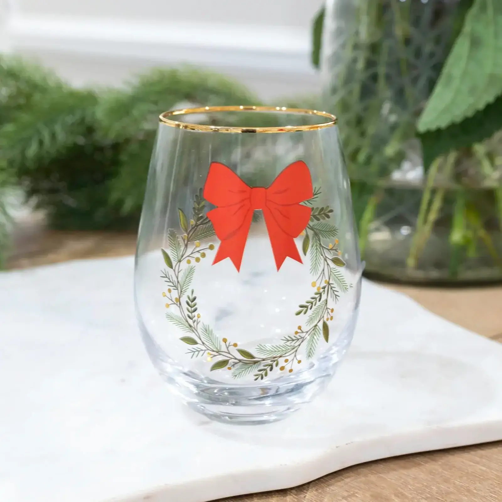 Mary Square Stemless Wine Glass | Red Bow Wreath    56629 loading=