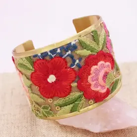 ZAD Mesh Red Flower Embroidered Elegance Cuff Bracelet  B3717