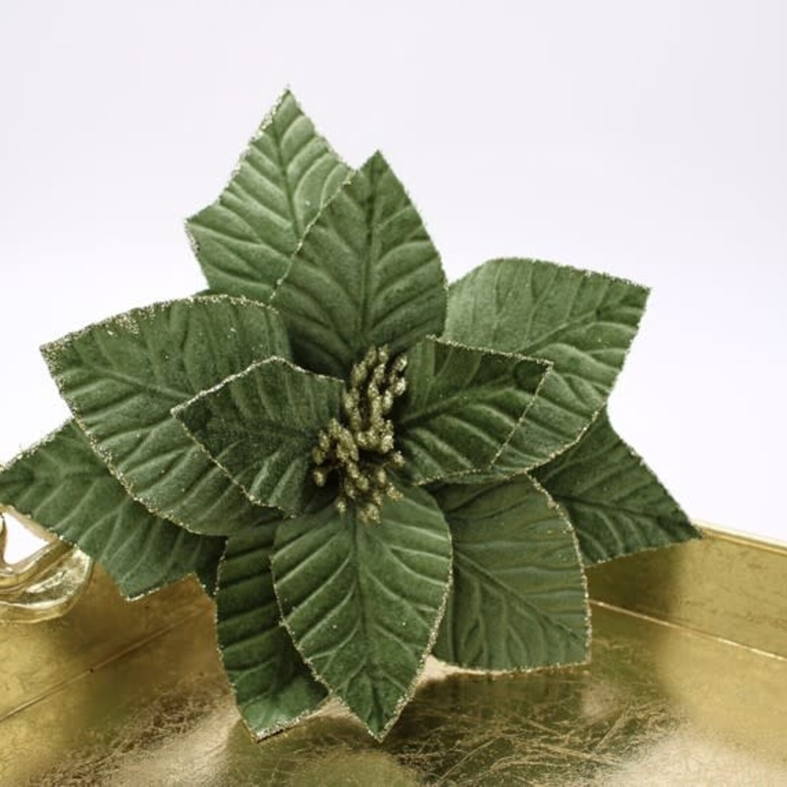 Trade Cie 11x18" Green Velvet Glittered Poinsettia Stem   FLX6008 loading=