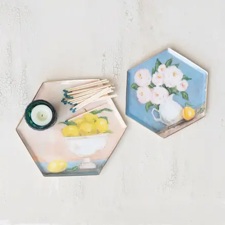Creative Co-Op Hexagon Enameled Metal Tray FLOWERS  DG0254Flowers