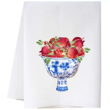cora & pate Blue and White Bowl of Pomegranates Kitchen Towel  23FSTBWBP