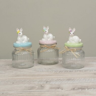 Gerson 7.6"H Glass Easter Jar w/ Ceramic Lying Bunny Lid  (1) 2825350