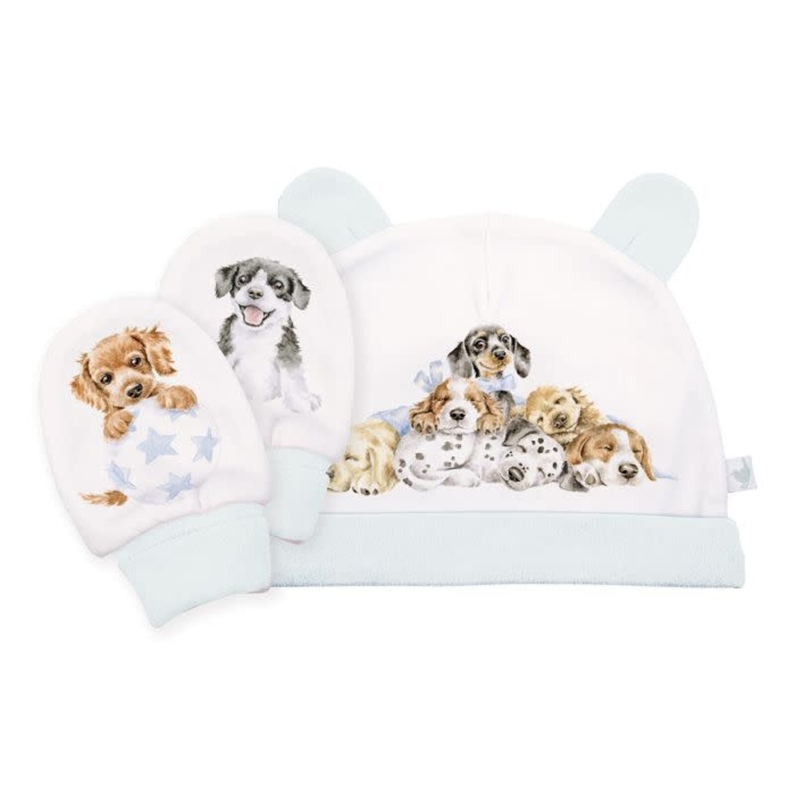 Little Wren 'Little Paws' dog Newborn Hat and Mitten Set loading=