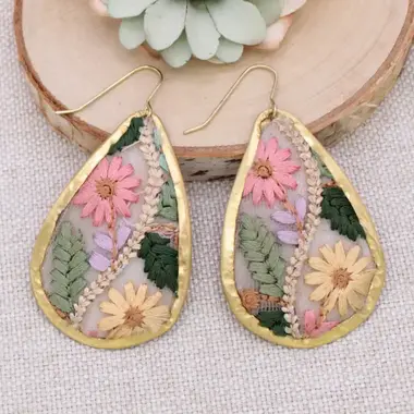 ZAD Earring-Floral Vines Embroidered Gold Teardrop Earrings  E3928