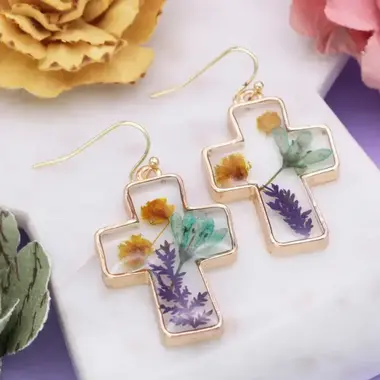 ZAD Earrings- Gold Cross Dried Flower E5921