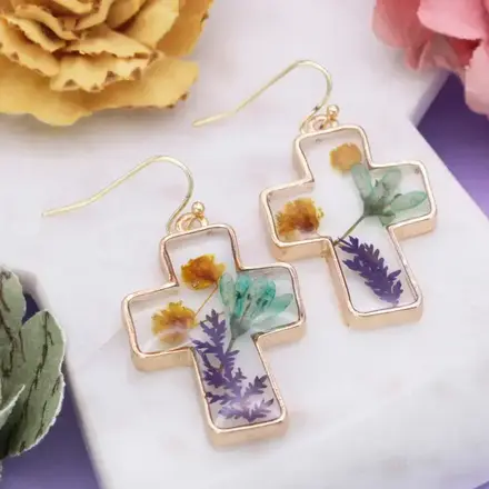 ZAD Earrings- Gold Cross Dried Flower E5921