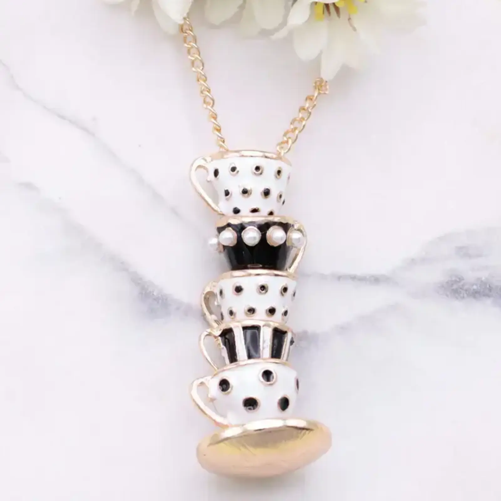ZAD Mad Hatter Black Teacup Stack Gold Necklace N9040BK loading=