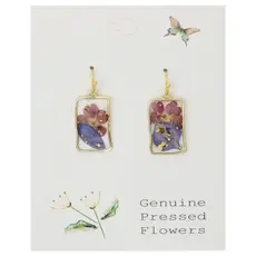ZAD Earrings-Purple Pink Dried Flower Rectangle Gold  E5591